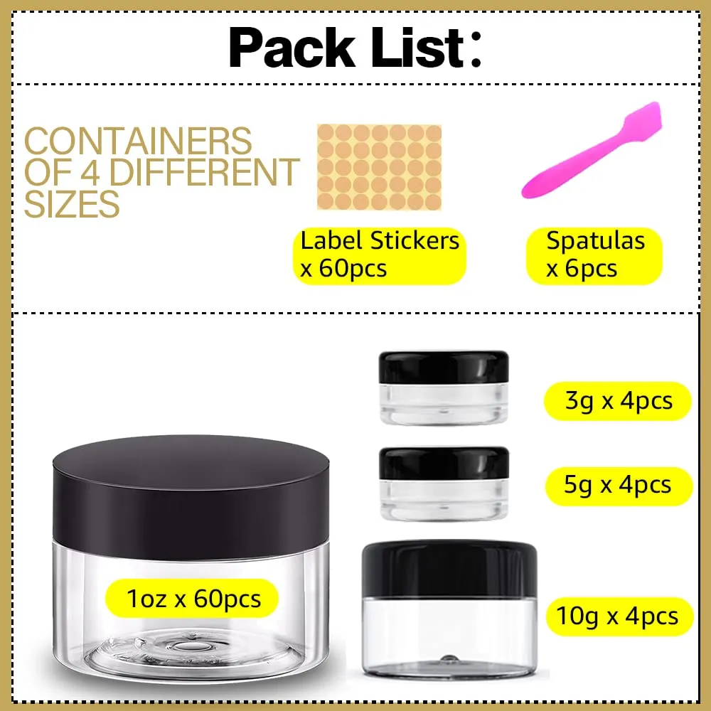 1 oz Plastic Containers with Lids 60pcs Plastic Jars with Lids   3/5/10 Gram 12pcs Sample Containers Travel Jar– Great for Lip Scrub, Body Butters, Cream, Lotion, Labels & Spatulas (72 Pack)