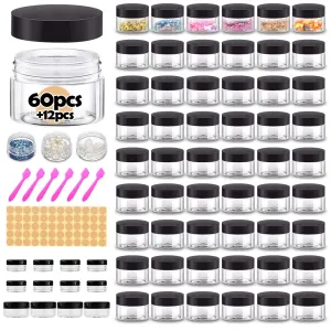 1 oz Plastic Containers with Lids 60pcs Plastic Jars with Lids   3/5/10 Gram 12pcs Sample Containers Travel Jar– Great for Lip Scrub, Body Butters, Cream, Lotion, Labels & Spatulas (72 Pack)