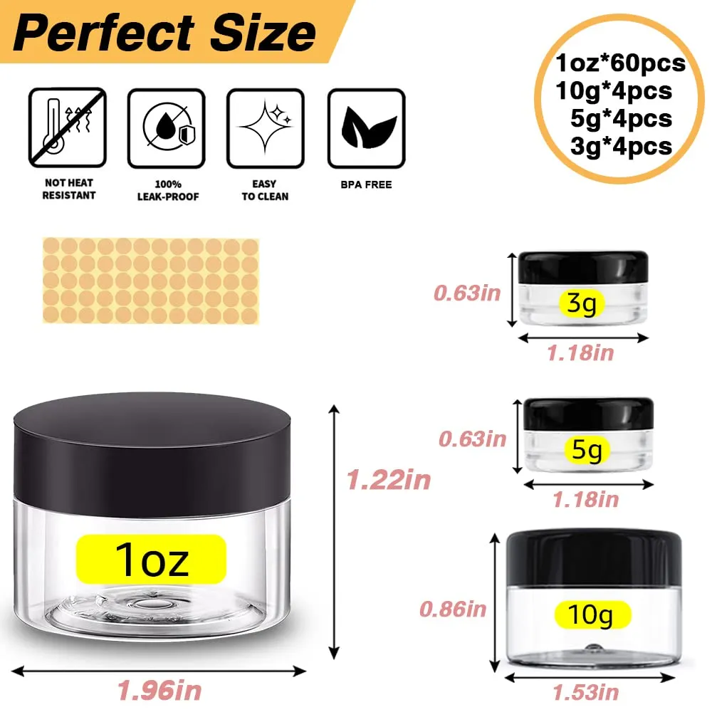 1 oz Plastic Containers with Lids 60pcs Plastic Jars with Lids   3/5/10 Gram 12pcs Sample Containers Travel Jar– Great for Lip Scrub, Body Butters, Cream, Lotion, Labels & Spatulas (72 Pack)