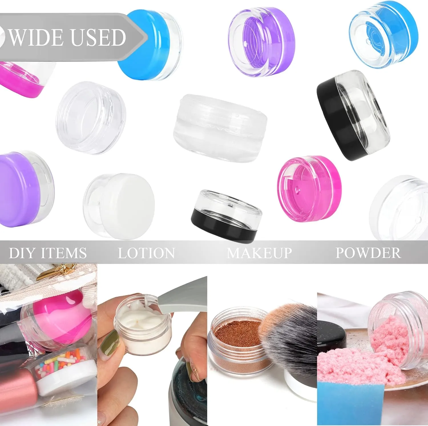100PCS 10 Gram Sample Containers, 10ml Empty Jars with Lids, Small Cosmetic Containers, Mini Sample Jars with 8PCS Mini Spatulas for Make Up, Oils, Lotion, Powder, Paint, Jewelry, Lip Balms(White Lid)