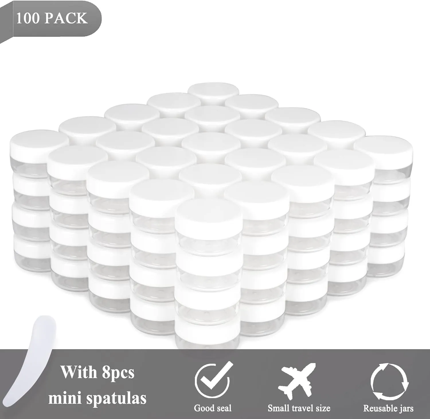100PCS 10 Gram Sample Containers, 10ml Empty Jars with Lids, Small Cosmetic Containers, Mini Sample Jars with 8PCS Mini Spatulas for Make Up, Oils, Lotion, Powder, Paint, Jewelry, Lip Balms(White Lid)