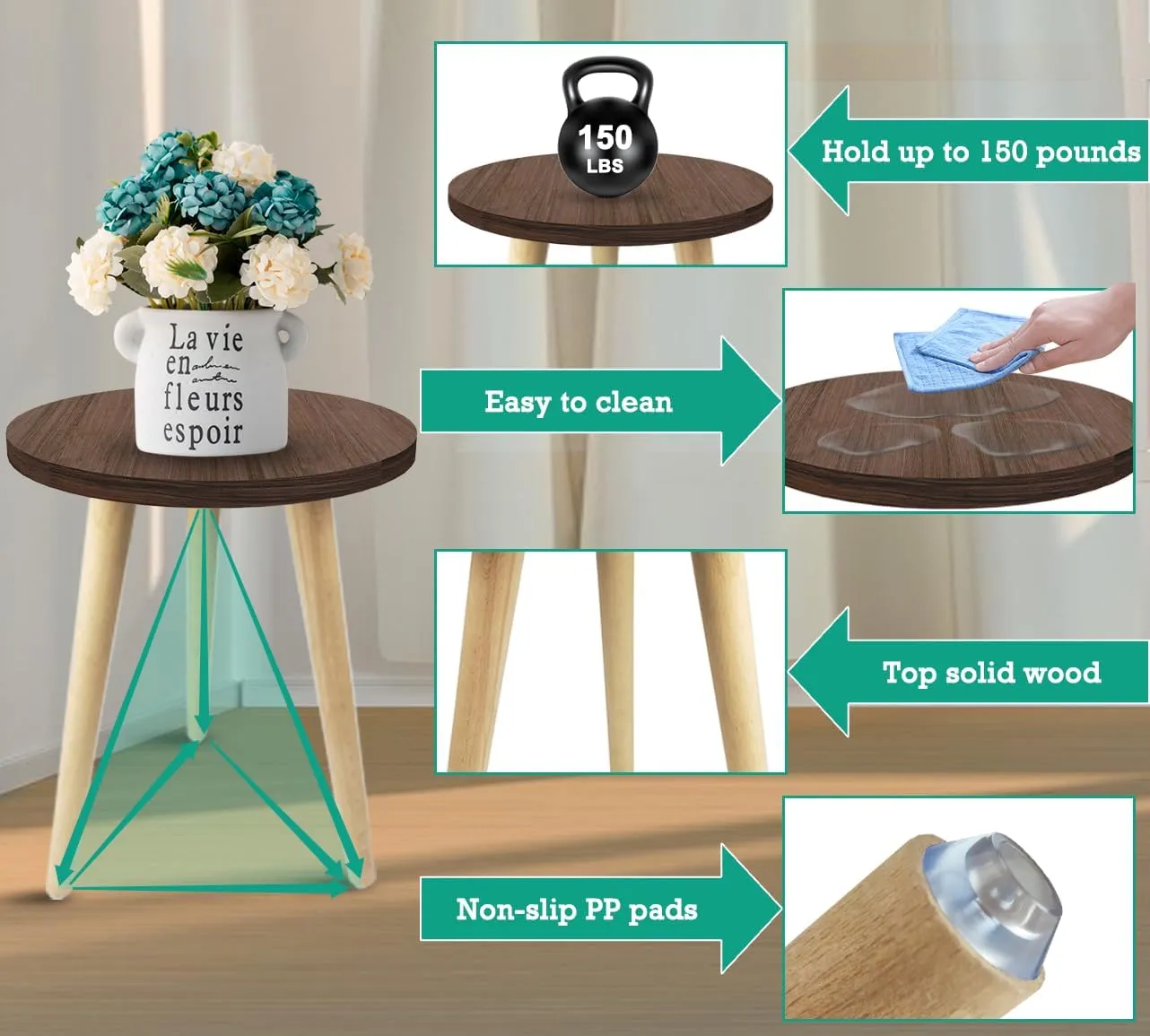 10IN Tall Plant Stand Holder for Indoor Planters, Mid Century Small Round Wood Table for Living Room Corner Floor