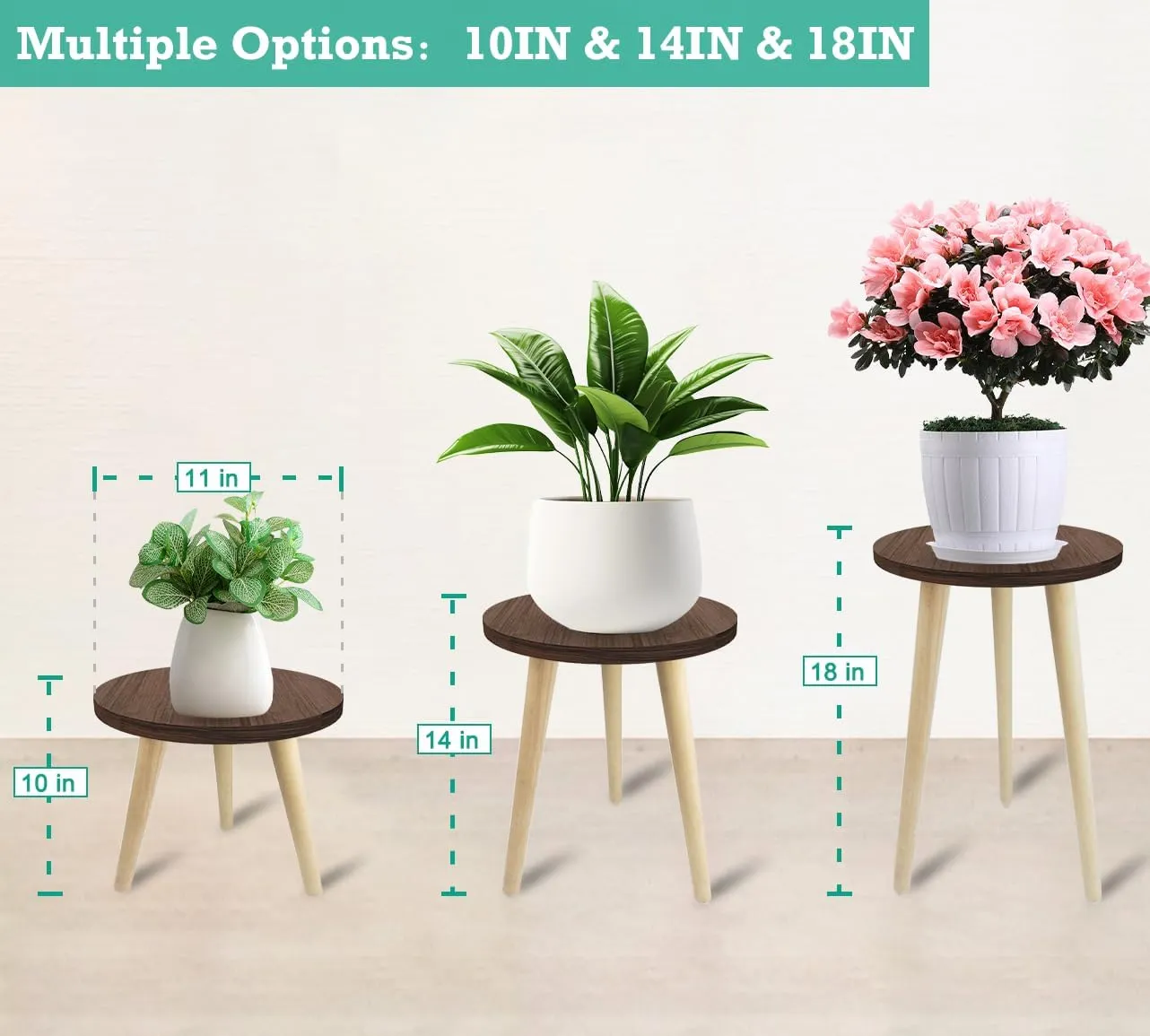 10IN Tall Plant Stand Holder for Indoor Planters, Mid Century Small Round Wood Table for Living Room Corner Floor