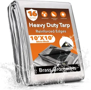 10x10FT Waterproof Tarp, Yumatum 16 Mil Heavy Duty Tarps with Reinforced Edges/Brass Grommets, 100% UV Blocking/Tear Resistant Poly Tarp for Camping, Patio, Tent, Boat(Silver/Black)