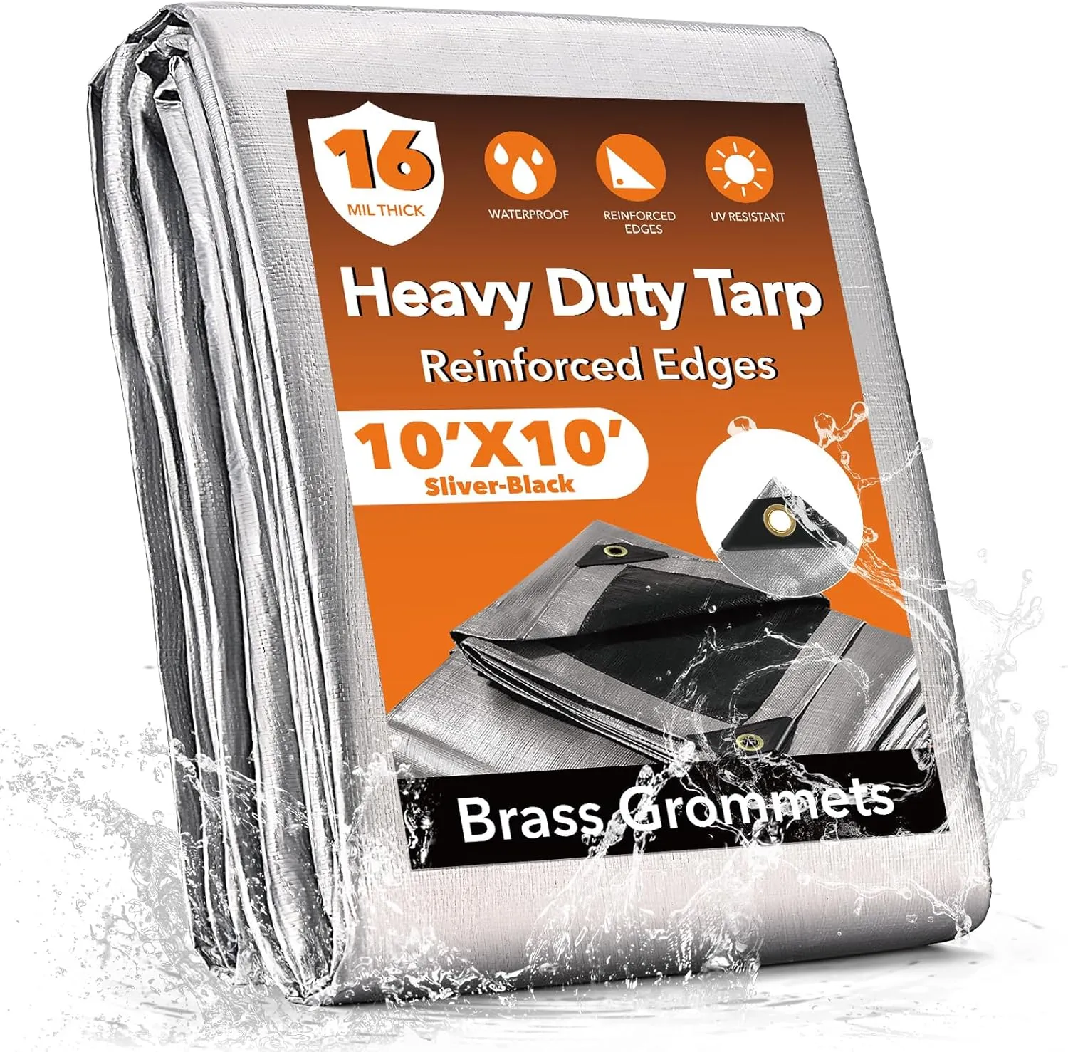 10x10FT Waterproof Tarp, Yumatum 16 Mil Heavy Duty Tarps with Reinforced Edges/Brass Grommets, 100% UV Blocking/Tear Resistant Poly Tarp for Camping, Patio, Tent, Boat(Silver/Black)