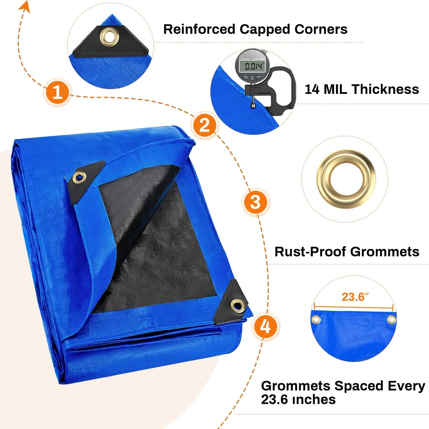 10x20Ft Tarp, Keten 14 Mil Tarps Heavy Duty Waterproof with Tear & Fade Resistant, UV Resistant, Outdoor Tarp with Reinforced Grommets for Roof, Camping, Patio, Pool, Boat (Blue&Black)
