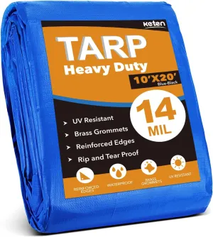 10x20Ft Tarp, Keten 14 Mil Tarps Heavy Duty Waterproof with Tear & Fade Resistant, UV Resistant, Outdoor Tarp with Reinforced Grommets for Roof, Camping, Patio, Pool, Boat (Blue&Black)