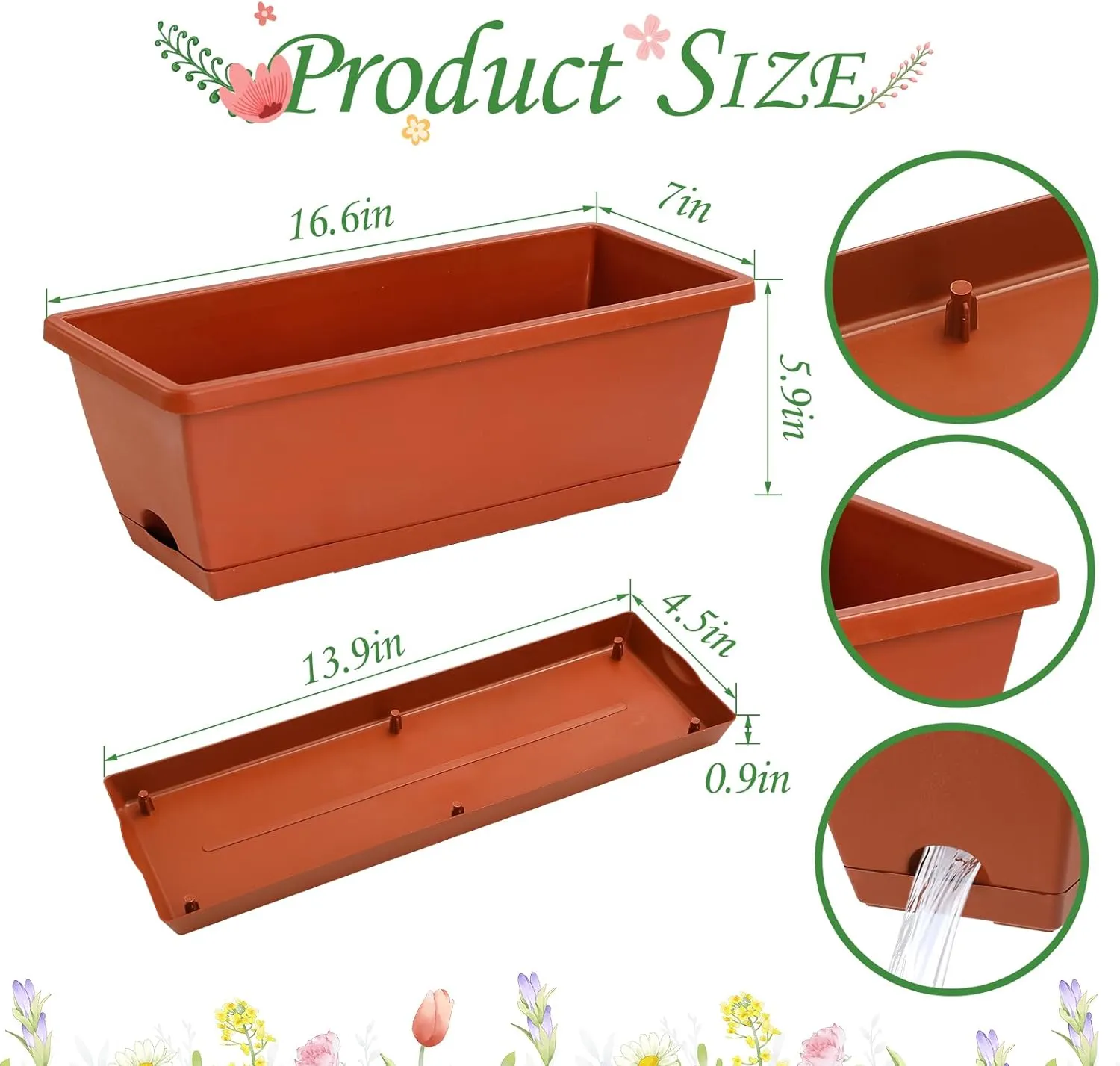 12Pcs 17Inches Rectangle Planter Box with Drainage Holes and Trays Plastic Planters Flower Boxes Pots for Indoor Outdoor Plants Patio Garden Home Decor Porch Yard (Red)