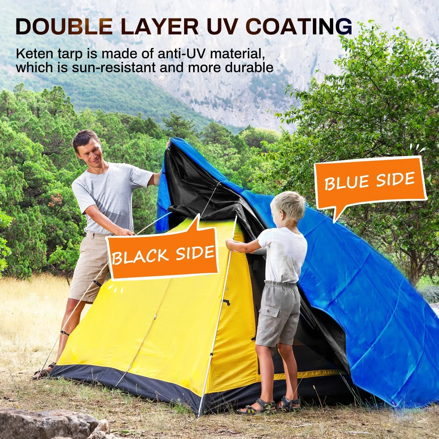 12x20Ft Tarp, Keten 14 Mil Tarps Heavy Duty Waterproof with Tear & Fade Resistant, UV Resistant, Outdoor Tarp with Reinforced Grommets for Roof, Camping, Patio, Pool, Boat (Blue&Black)
