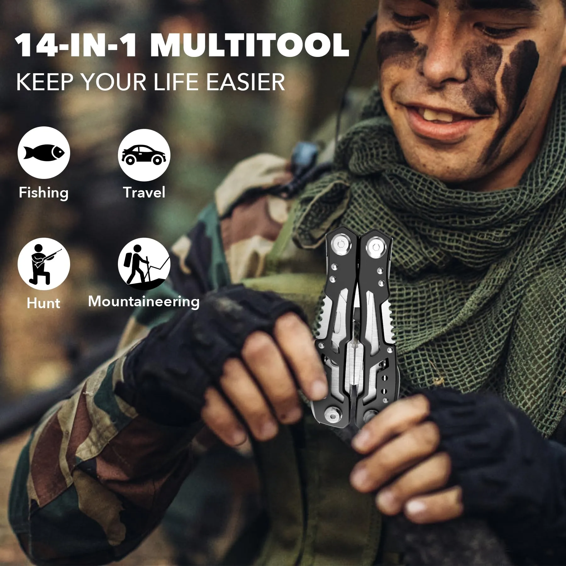 14-In-1 Multitool with Safety Locking, Professional Stainless Steel Multitool Pliers Pocket Knife, Bottle Opener, Screwdriver with Nylon Case