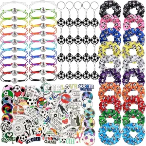 160Pcs Soccer Party Favor Set, 20Pcs Satin Soccer Scrunchies Hair Ties, 20Pcs Soccer Bracelet, 20Pcs Soccer Key chains, 100Pcs Soccer Stickers for Soccer Sports Birthday Themed Party Decoration