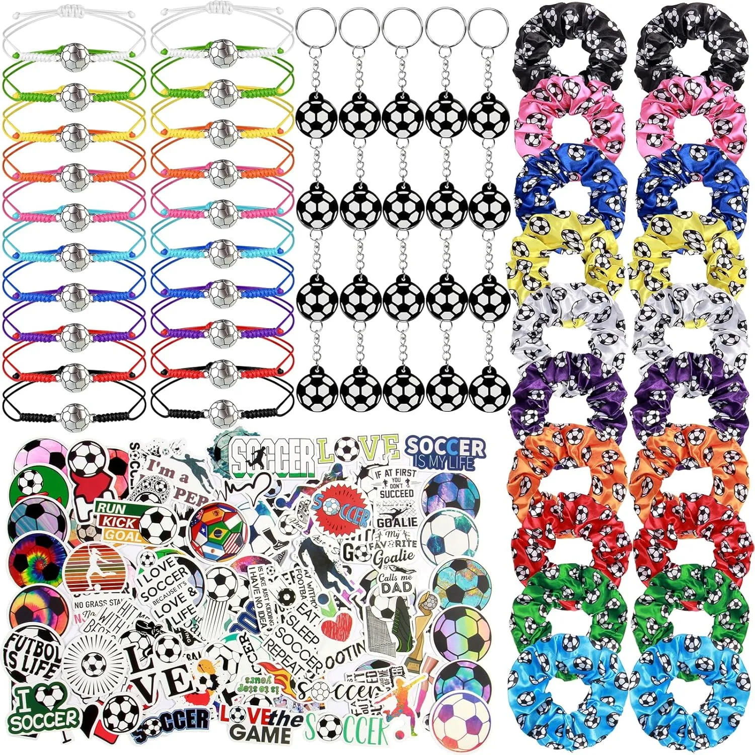 160Pcs Soccer Party Favor Set, 20Pcs Satin Soccer Scrunchies Hair Ties, 20Pcs Soccer Bracelet, 20Pcs Soccer Key chains, 100Pcs Soccer Stickers for Soccer Sports Birthday Themed Party Decoration