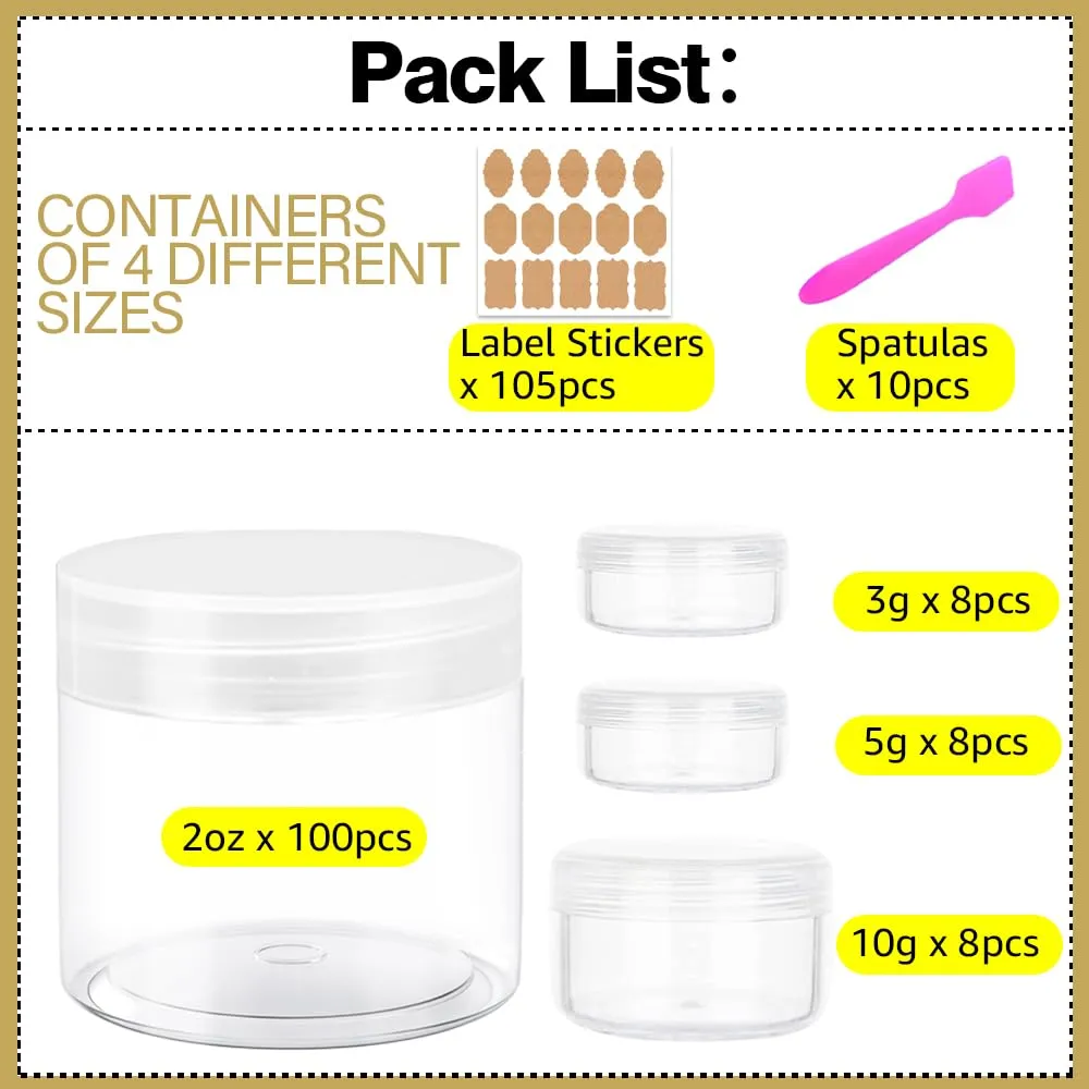 2 oz Plastic Containers with Lids 100pcs Plastic Jars with Clear Lids   3/5/10 Gram 24pcs Sample Containers Travel Jar– Great for Lip Scrub, Body Butters, Cream, Lotion, Labels & Spatulas (124 Pack)