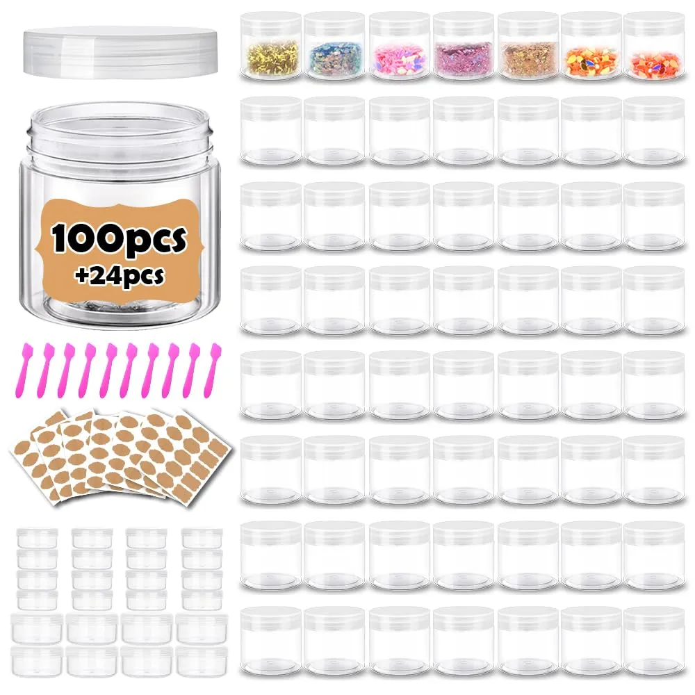2 oz Plastic Containers with Lids 100pcs Plastic Jars with Clear Lids   3/5/10 Gram 24pcs Sample Containers Travel Jar– Great for Lip Scrub, Body Butters, Cream, Lotion, Labels & Spatulas (124 Pack)