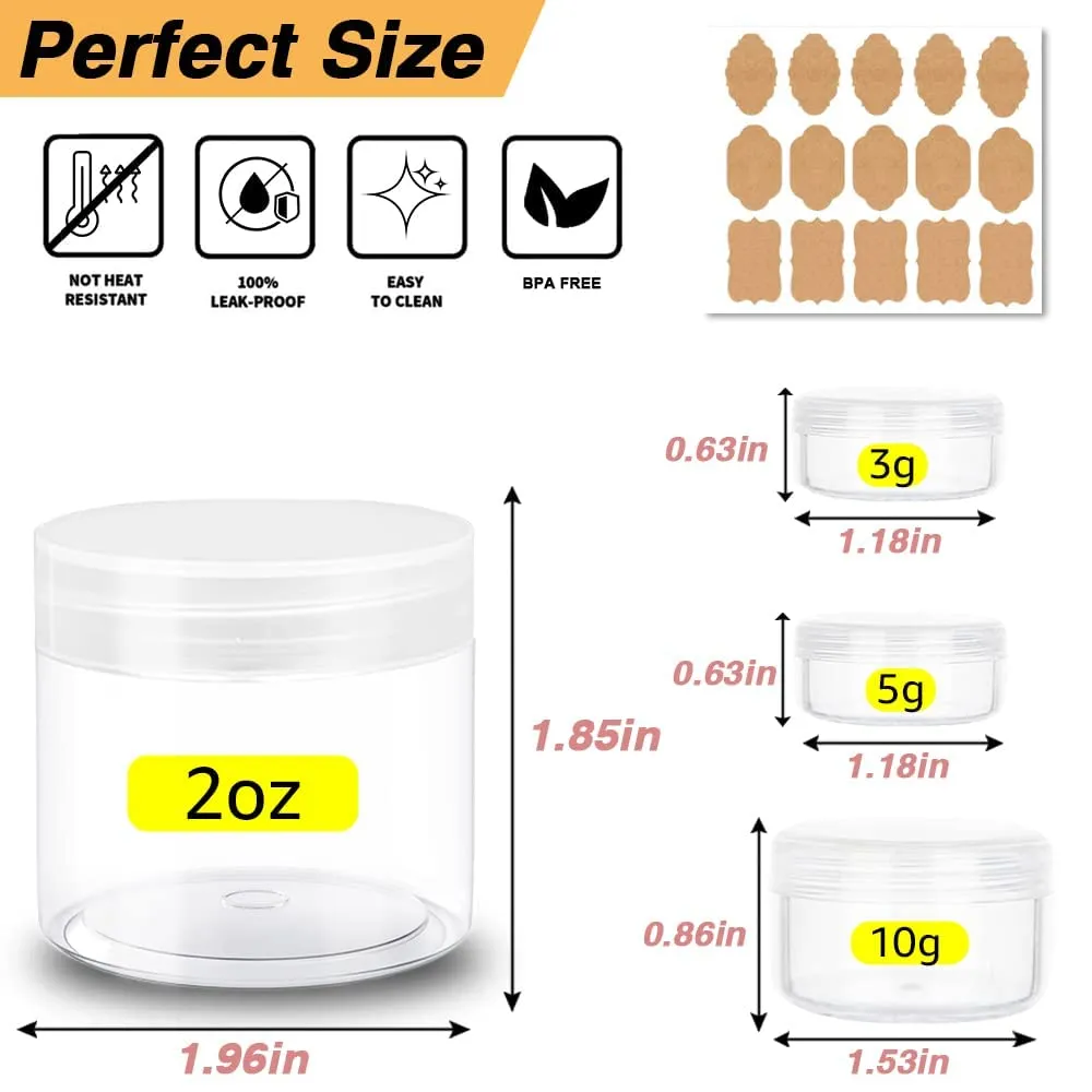 2 oz Plastic Containers with Lids 100pcs Plastic Jars with Clear Lids   3/5/10 Gram 24pcs Sample Containers Travel Jar– Great for Lip Scrub, Body Butters, Cream, Lotion, Labels & Spatulas (124 Pack)