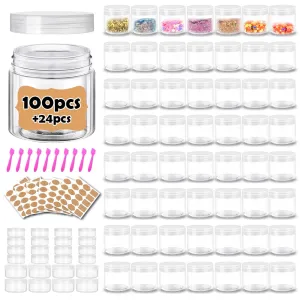 2 oz Plastic Containers with Lids 100pcs Plastic Jars with Clear Lids   3/5/10 Gram 24pcs Sample Containers Travel Jar– Great for Lip Scrub, Body Butters, Cream, Lotion, Labels & Spatulas (124 Pack)