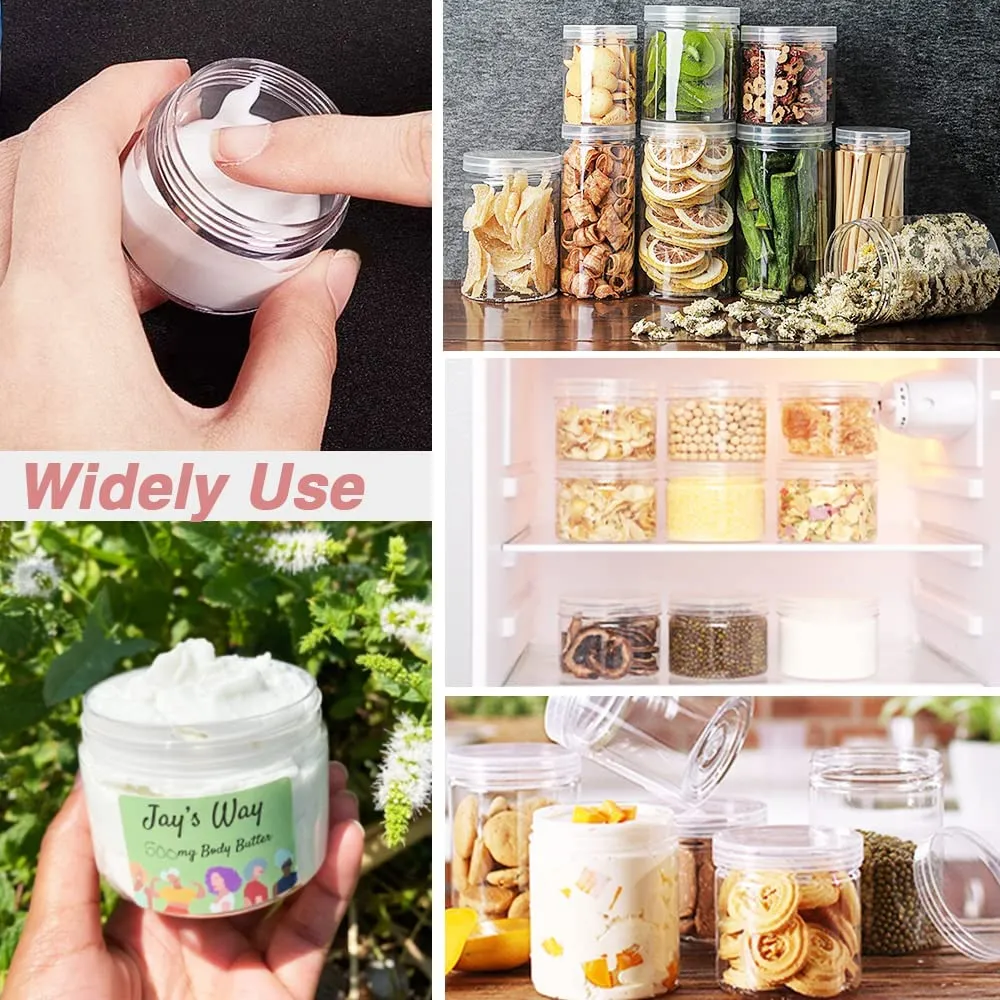 2 oz Plastic Containers with Lids 100pcs Plastic Jars with Clear Lids   3/5/10 Gram 24pcs Sample Containers Travel Jar– Great for Lip Scrub, Body Butters, Cream, Lotion, Labels & Spatulas (124 Pack)