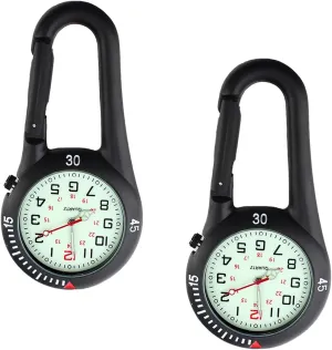 2 Pieces Clip on Quartz Carabiner Watch Backpack Fob Belt Waterproof and Shockproof Pocket Clip-on Watch for Outdoor Sports