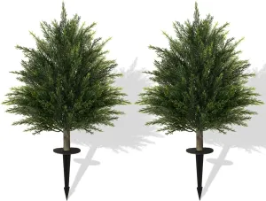 2ft Tall 2 Set Artificial Cypress Topiary Tree, Outdoor Fake Boxwood Cedar Tree with Spike, Indoor Realistic Faux Bushes Plants for Home Living Room Outside Front Porch Decor