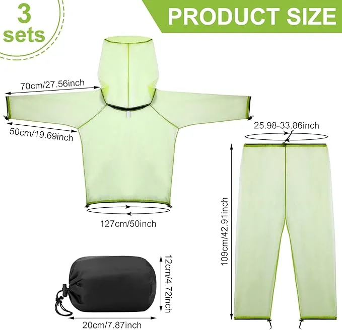 3 Sets Mosquito Net Suit Net Bug Pants Jacket Hood Pants Mesh Insect Proof Body Clothing for Fishing Hiking Camping(S/m)