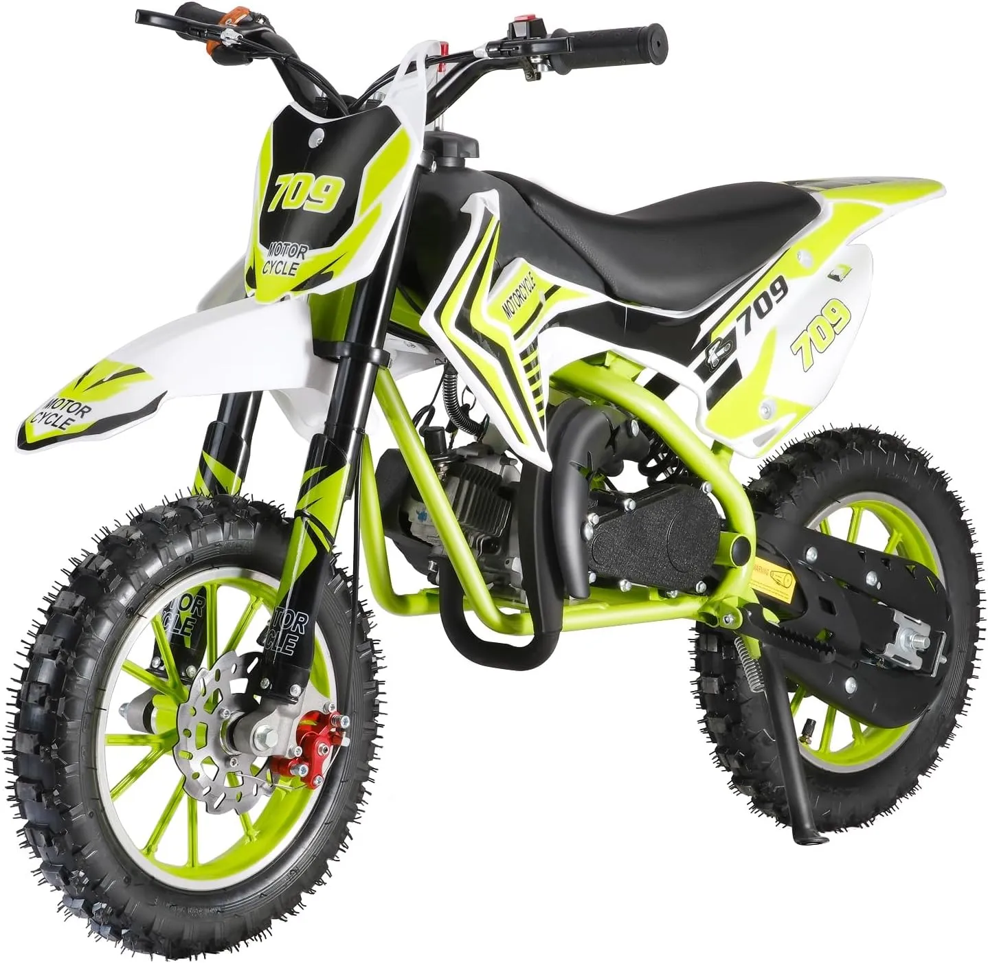 49cc 2-Stroke Kids Dirt Bike,Kids Motorcycle,Mini Bike Gas Power with Off-Road Tires Shock Absorption Springs Soft Seat Cushion Pocket Motorbike with Front Rear Disc Brakes Up to 30KM/H Green