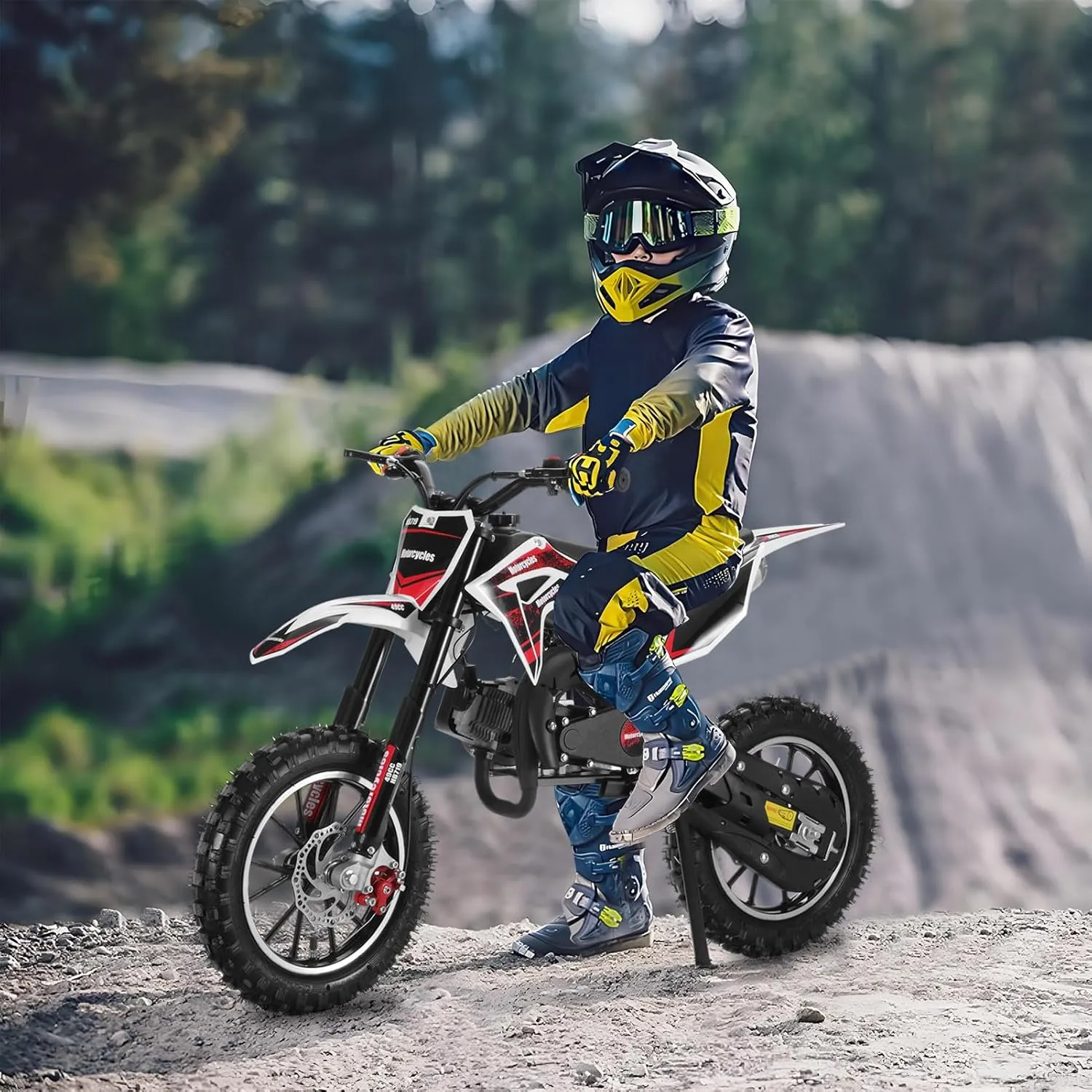 49CC Upgrade Kids Dirt Bike,2-Stroke Gas Power Motocross,Off Road Dirtbike,Pocket Motorcycle with Front Rear Disc Brakes,Trail Pocket Motorbike for Uphill & Up to 40KM/H