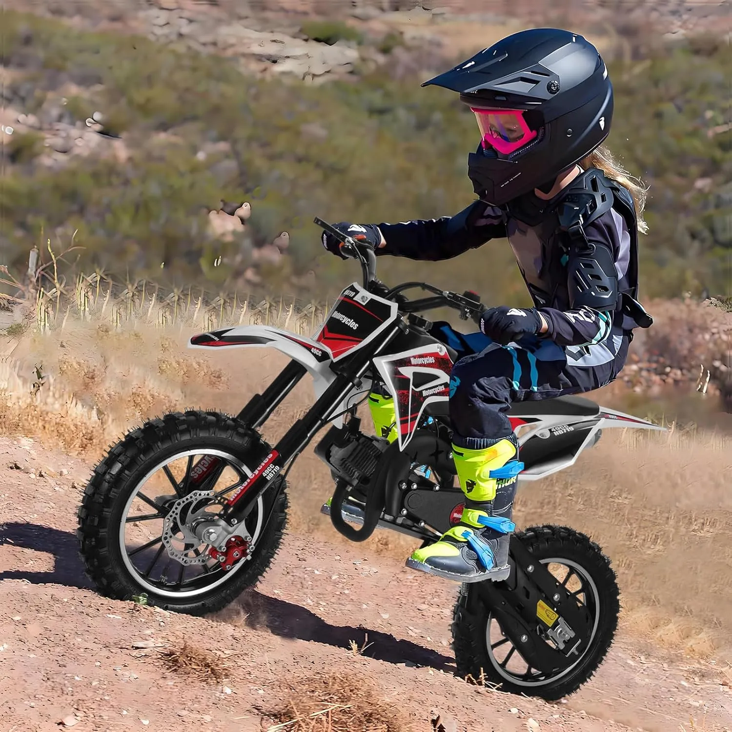 49CC Upgrade Kids Dirt Bike,2-Stroke Gas Power Motocross,Off Road Dirtbike,Pocket Motorcycle with Front Rear Disc Brakes,Trail Pocket Motorbike for Uphill & Up to 40KM/H