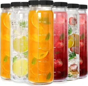 [6 Pack] 20 Oz Glass Juicing Bottles w Airtight Lids - Reusable Drinking Jars w Scale Marker, Travel Water Cups - Tall Mason Jar for Kombucha, Vanilla Extract(Extra 2 Lids)