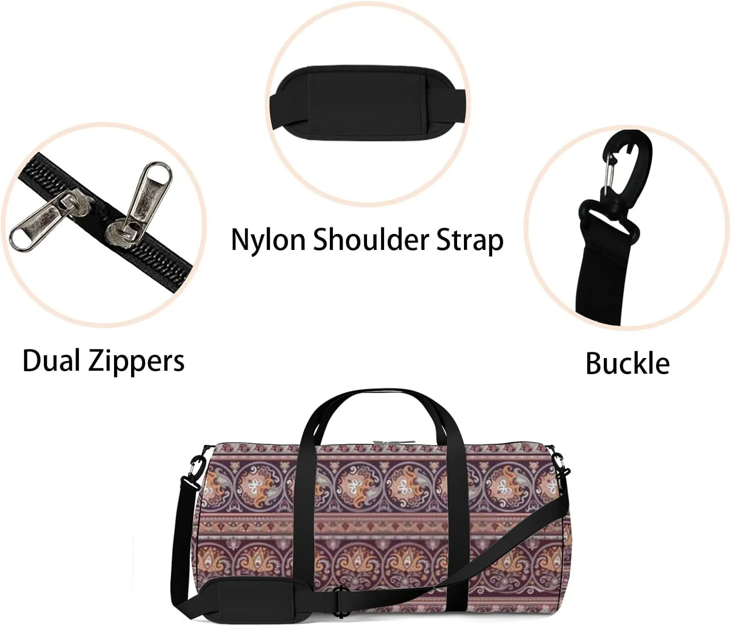 Abstract Ethnic Stripy Floral Ornamental Vector Sports Bag Tote Bag Waterproof Gym Bag with Shoulder Strap Zipper 2 Side Pockets for Men and Women, Travel and Storage Shoulder Bag.