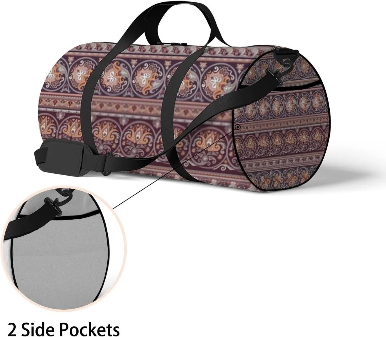 Abstract Ethnic Stripy Floral Ornamental Vector Sports Bag Tote Bag Waterproof Gym Bag with Shoulder Strap Zipper 2 Side Pockets for Men and Women, Travel and Storage Shoulder Bag.