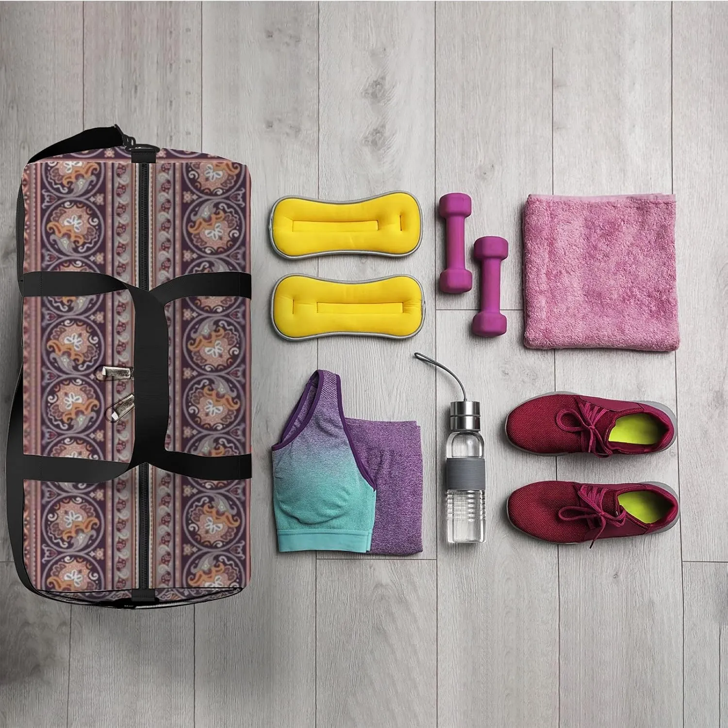 Abstract Ethnic Stripy Floral Ornamental Vector Sports Bag Tote Bag Waterproof Gym Bag with Shoulder Strap Zipper 2 Side Pockets for Men and Women, Travel and Storage Shoulder Bag.