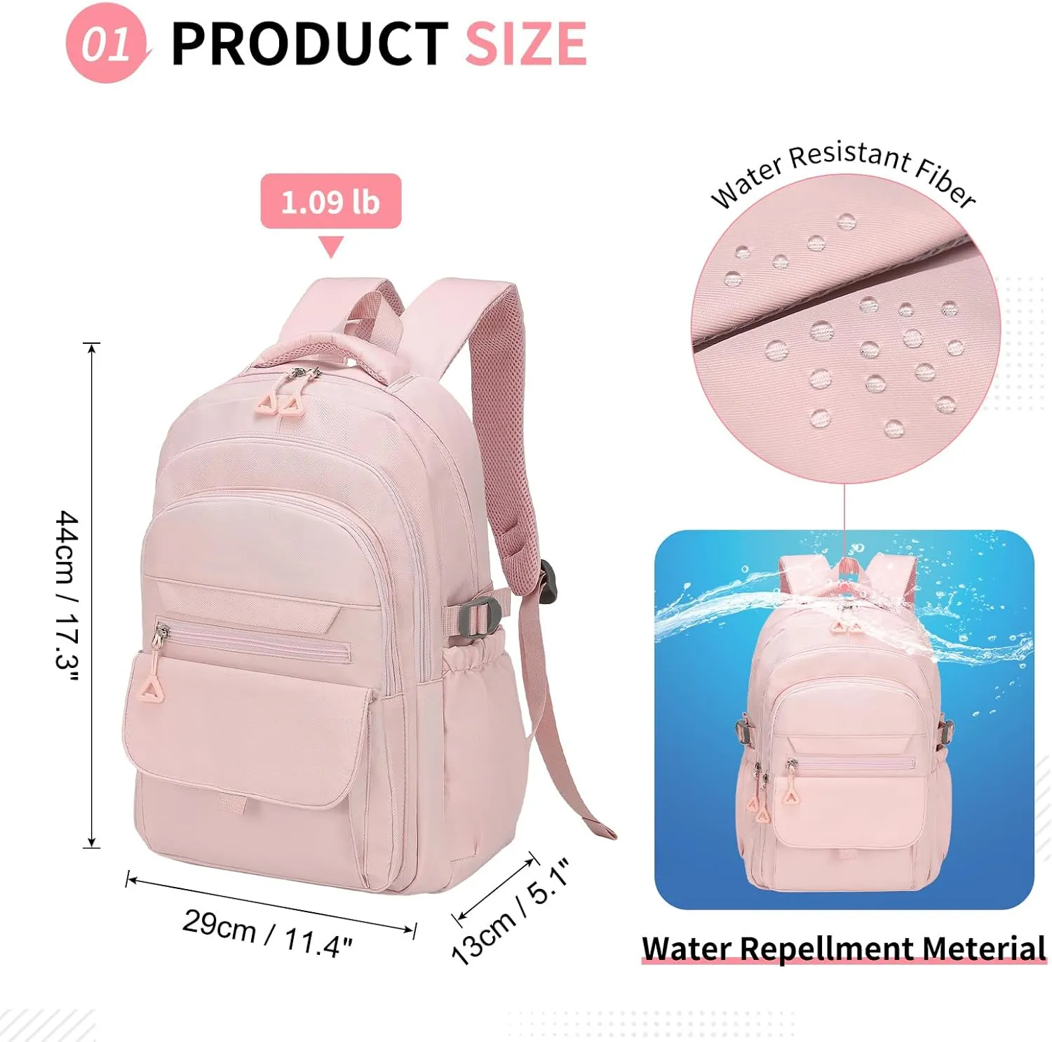 Aesthetic Daypack Backpack, Water-Resistant 15.6" Laptop Backpack for Women and Men, Featuring Touch-Fastener and Anti-Theft Pockets (Pink)