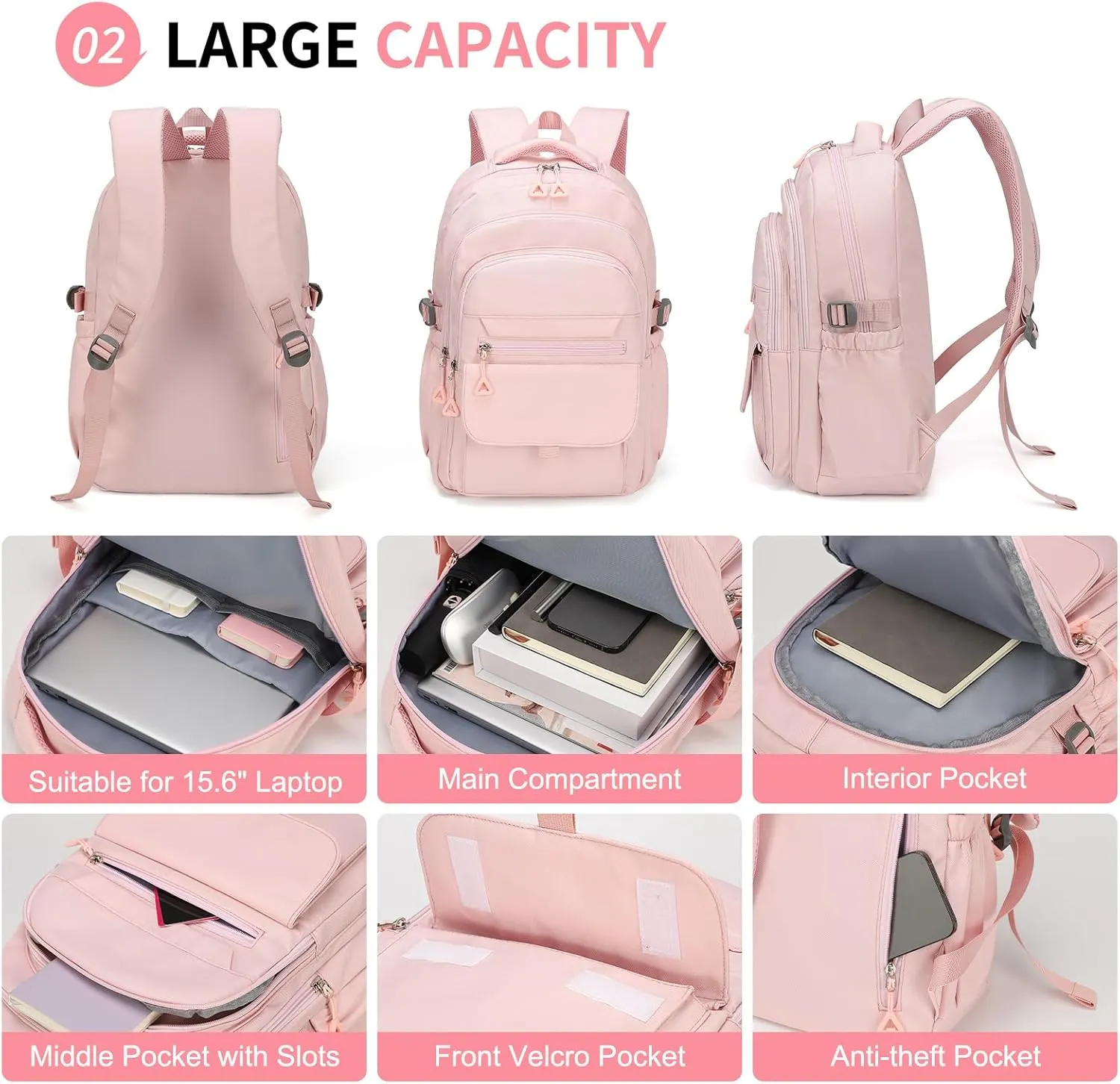 Aesthetic Daypack Backpack, Water-Resistant 15.6" Laptop Backpack for Women and Men, Featuring Touch-Fastener and Anti-Theft Pockets (Pink)