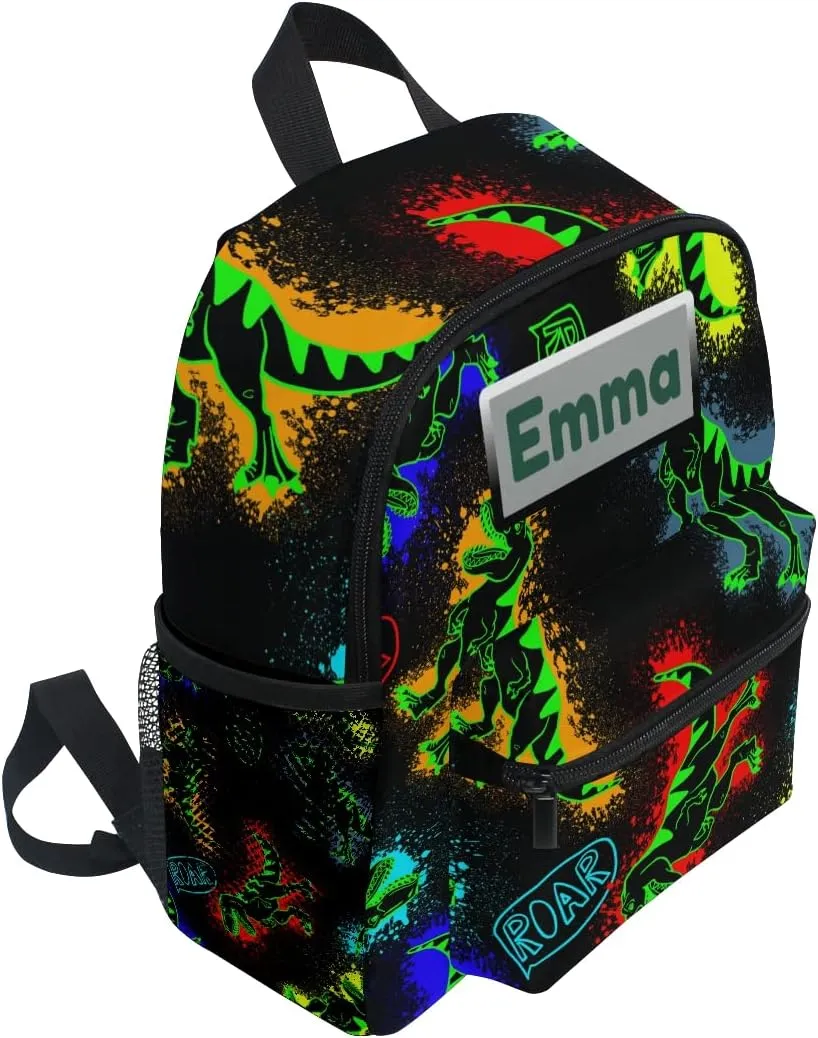 Aflyko Custom Name Roar Neon Dinosaur Kids Backpack for Daycare Bookbag Kindergarten Daypack for Toddler Girls Boys 10" × 4" × 12"