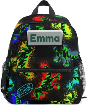 Aflyko Custom Name Roar Neon Dinosaur Kids Backpack for Daycare Bookbag Kindergarten Daypack for Toddler Girls Boys 10" × 4" × 12"