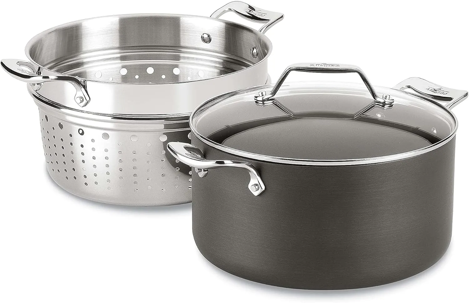All-Clad Essentials Hard Anodized Nonstick Multi-Pot 7 Quart Oven Broiler Safe 500F Strainer, Pasta Strainer with Handle, Pots and Pans Black