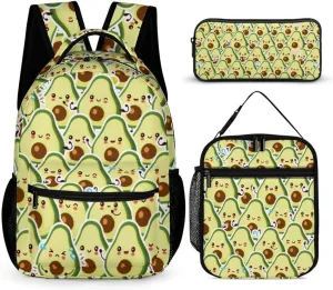 Avocado Backpack with Lunch Box & Pencil Case for Kids Girls Boys School, 16 Inch Cute Avocado Bookbag, School Backpack for Students Children, Lightweight, Large Capacity