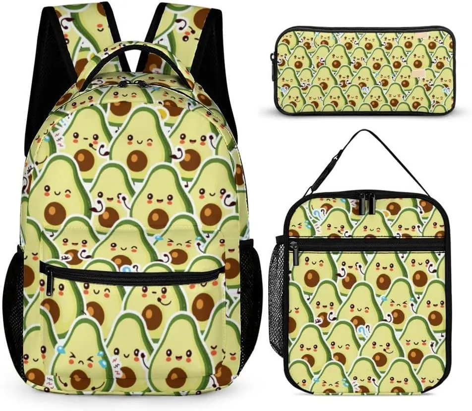 Avocado Backpack with Lunch Box & Pencil Case for Kids Girls Boys School, 16 Inch Cute Avocado Bookbag, School Backpack for Students Children, Lightweight, Large Capacity