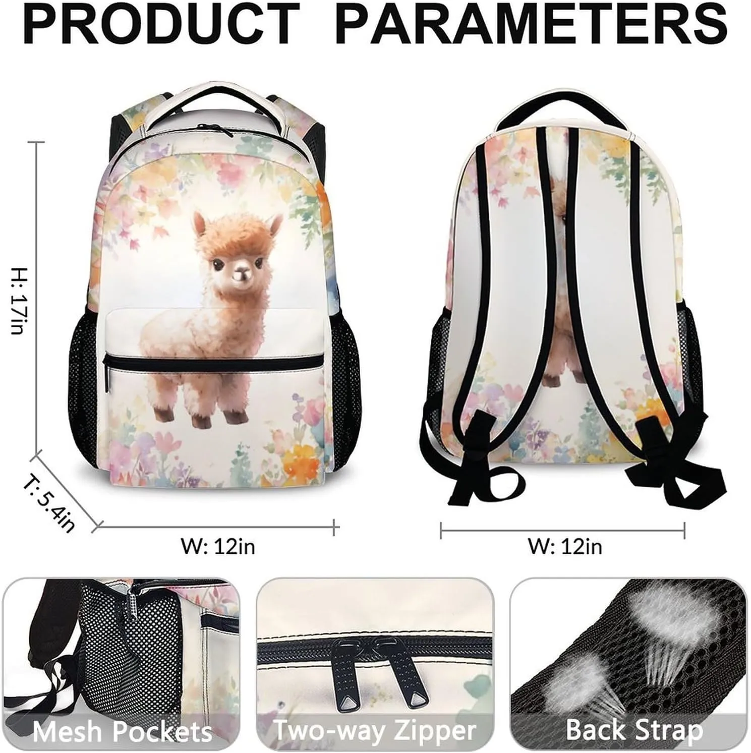Backpack for Kids, Cute Alpaca Bookbag, 17 Inch Casual Kids Schoolbag for Gift, Large Capacity Bookbag for Preschool Elementary Kindergarten School Picnic