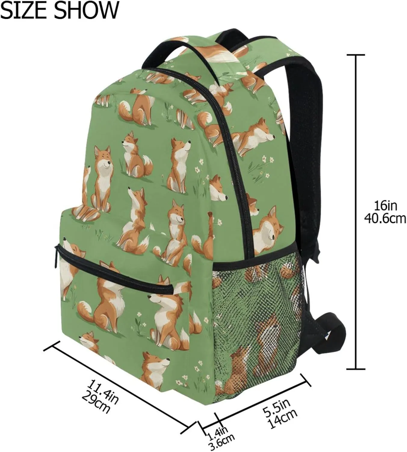 Backpacks for Teens Boys Girls Fashion School Book Bag with Chest Strap for College Work Cartoon Sweet Fox Green