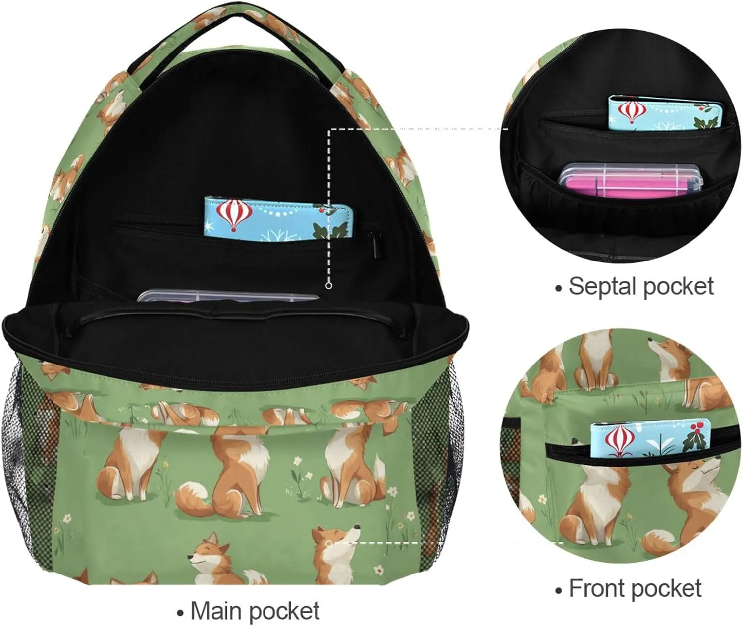 Backpacks for Teens Boys Girls Fashion School Book Bag with Chest Strap for College Work Cartoon Sweet Fox Green