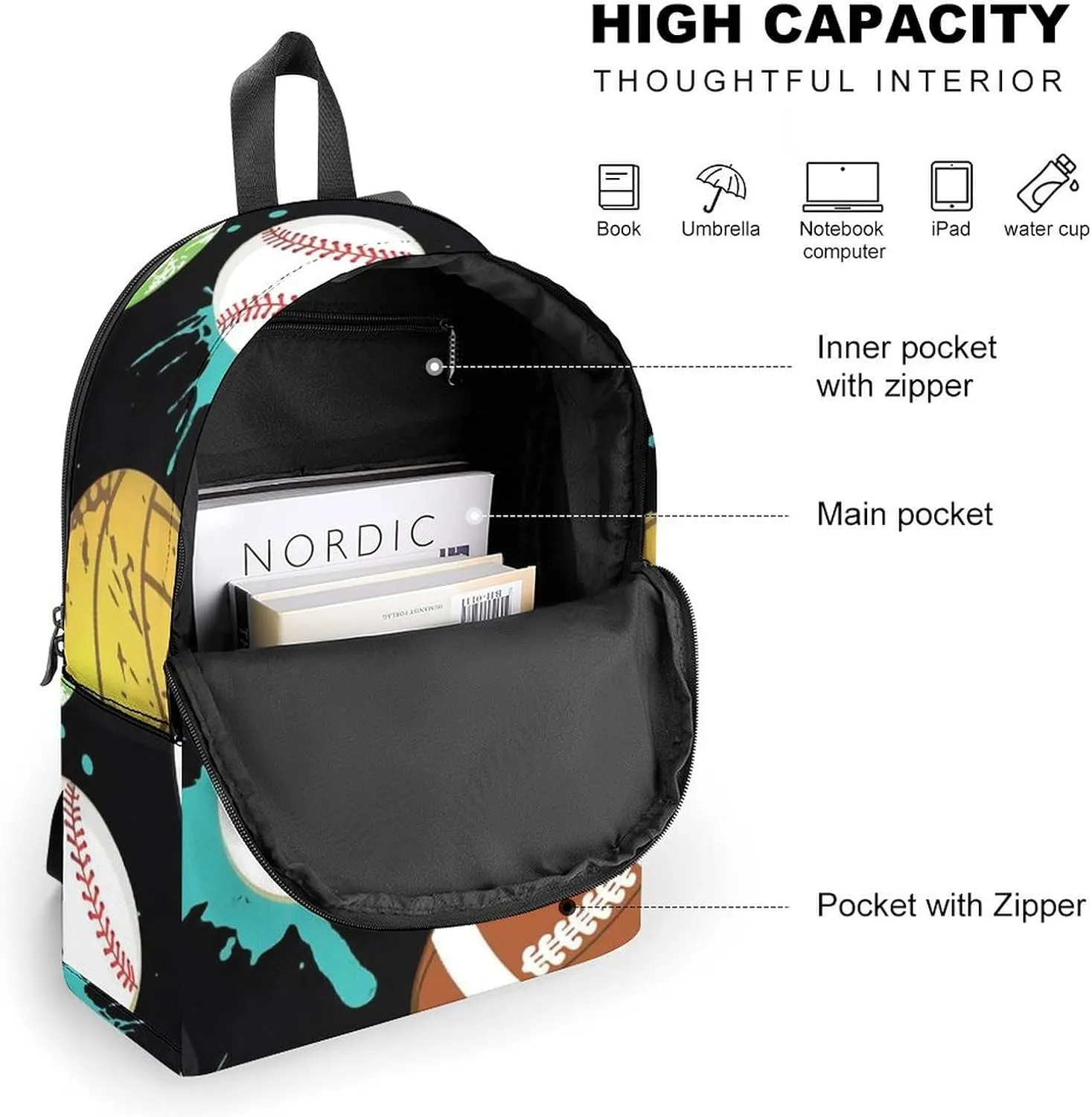 Ball Sport Durable And Stylish Semi Full Print Backpack