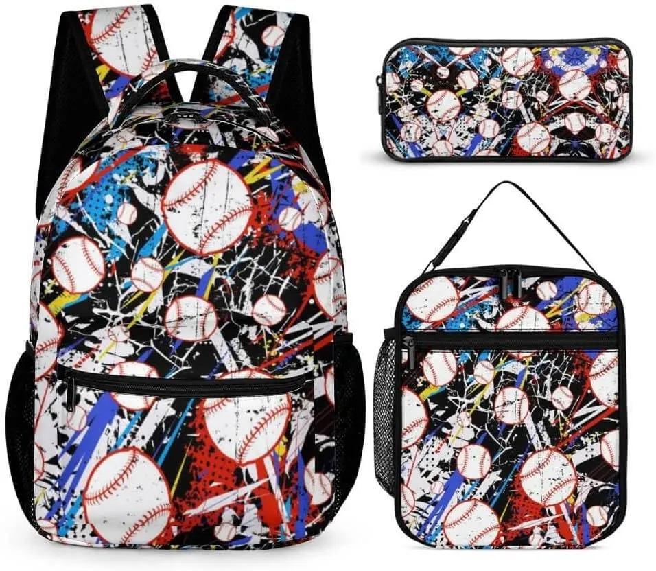 Baseball Backpack with Lunch Box & Pencil Case for Kids Girls Boys School, 16 Inch Cool Baseball Bookbag, School Backpack for Students Children, sustainable, Lightweight, Large Capacity