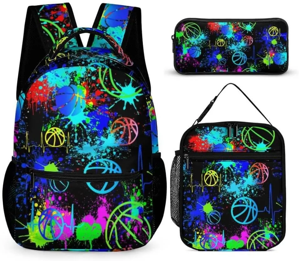 Basketball Backpack with Lunch Box & Pencil Case for Kids Girls Boys School, 16 Inch Cool Basketball Bookbag, School Backpack for Students Children, sustainable, Lightweight, Large Capacity