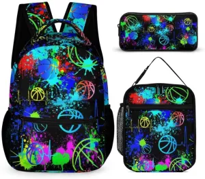 Basketball Backpack with Lunch Box & Pencil Case for Kids Girls Boys School, 16 Inch Cool Basketball Bookbag, School Backpack for Students Children, sustainable, Lightweight, Large Capacity
