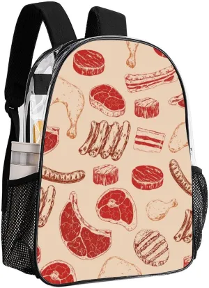 Beef Steaks Chicken Leg Heavy Duty Clear Backpack for Women Men Large Capacity Transparent See Through Bag for Concert Stadium Events with Water-Resistant PVC
