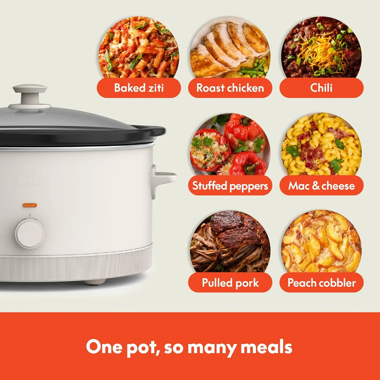 bella 6.0 Qt Manual Slow Cooker, EverGood™ Ceramic Nonstick Coating, 3 Temperature Settings, Dishwasher Safe Stoneware Pot and Tempered Glass Lid, Cool Touch Handles & Tangle Free Cord Wrap, Oatmilk