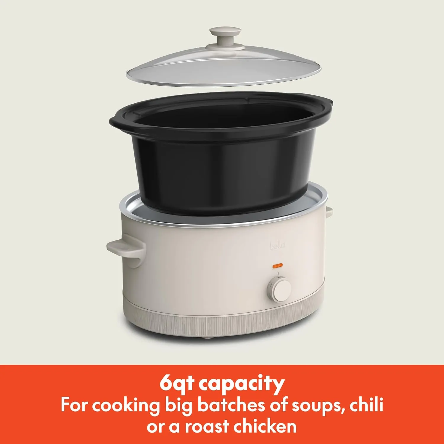 bella 6.0 Qt Manual Slow Cooker, EverGood™ Ceramic Nonstick Coating, 3 Temperature Settings, Dishwasher Safe Stoneware Pot and Tempered Glass Lid, Cool Touch Handles & Tangle Free Cord Wrap, Oatmilk