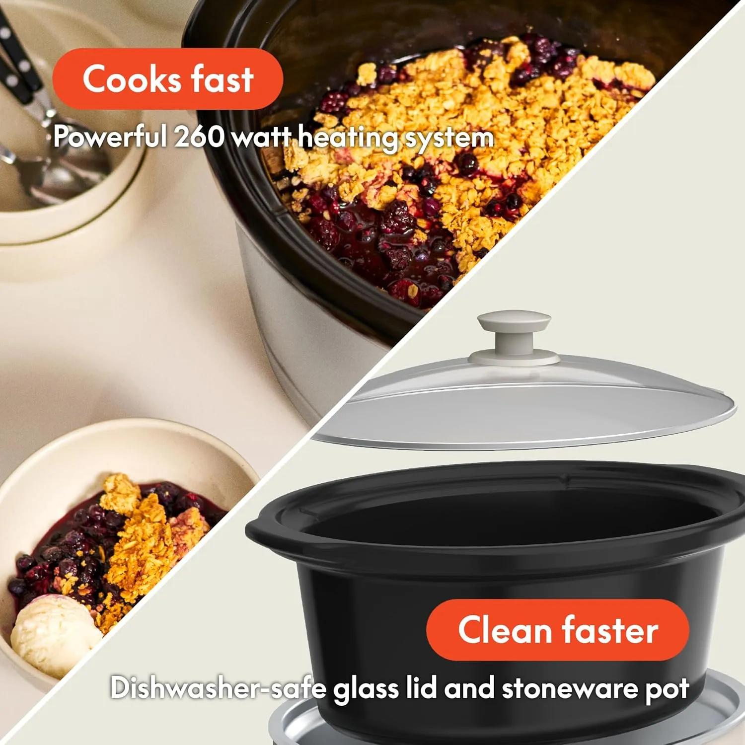 bella 6.0 Qt Manual Slow Cooker, EverGood™ Ceramic Nonstick Coating, 3 Temperature Settings, Dishwasher Safe Stoneware Pot and Tempered Glass Lid, Cool Touch Handles & Tangle Free Cord Wrap, Oatmilk
