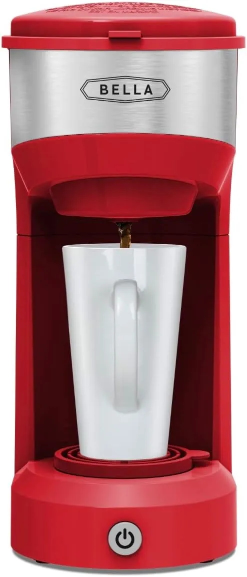 BELLA Dual Brew Single Serve Coffee Maker, K-cup Compatible with Ground Coffee Basket & Adapter - Carefree Auto Shut Off & Adjustable Tray, 14oz, Red